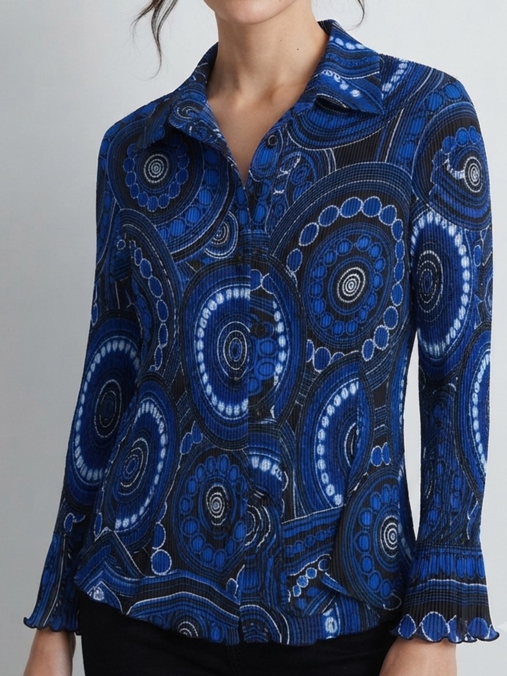 Y2K Crinkle Blue Patterned Sheer Collared Long Sleeve Shirt Top Size Large